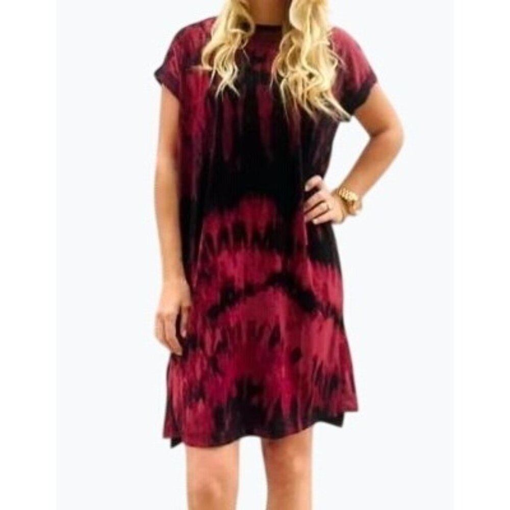 LuLaRoe Womens Chelsea Burgundy & Black Tie-Dye Short Sleeve T-Shirt Dress Large